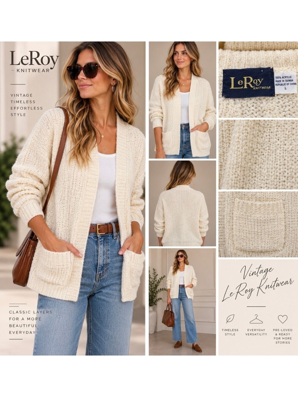 Vintage LeRoy Knitwear Cardigan Womens L Ivory Cream Open Front Textured Sweater